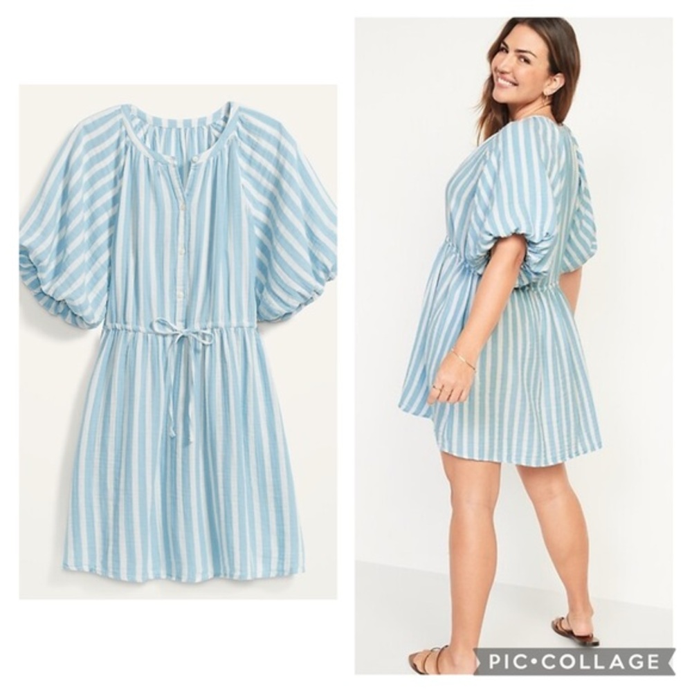 Old Navy Waist-Defined Puff-Sleeve Printed Mini Shirt Dress Sz Medium